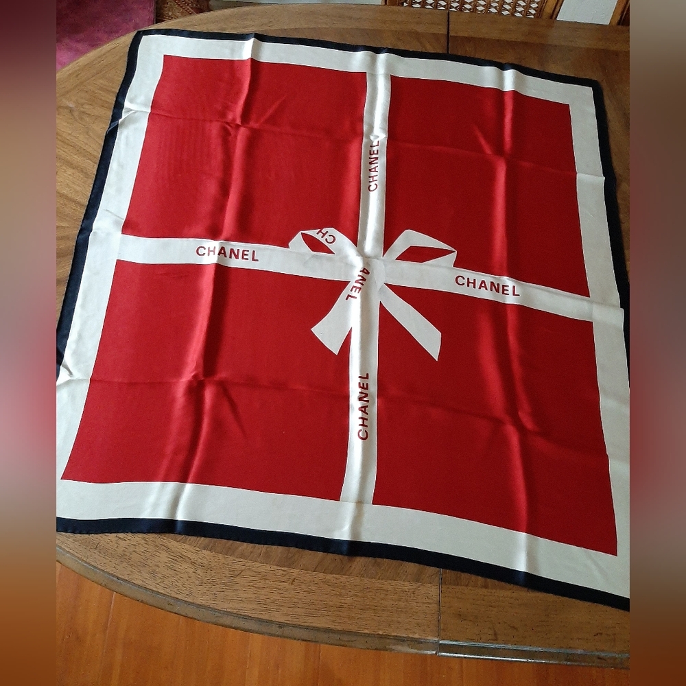 CHANEL Silk Red and White Silk Scarf with Black Trim